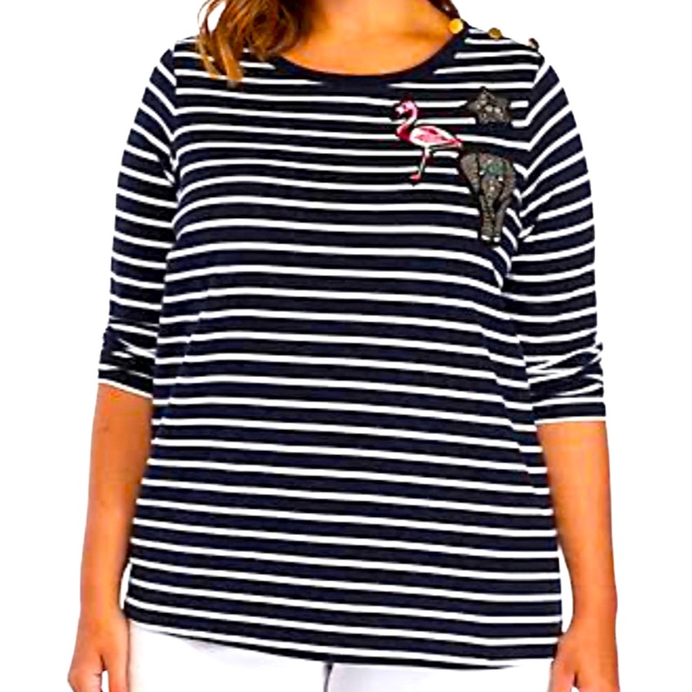 Crown & Ivy Curvy Blue & White Striped Embellished Top, Plus Size 3X